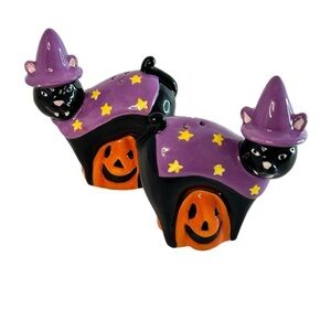 Black Witch Cat and Pumpkin Salt and Pepper Shakers